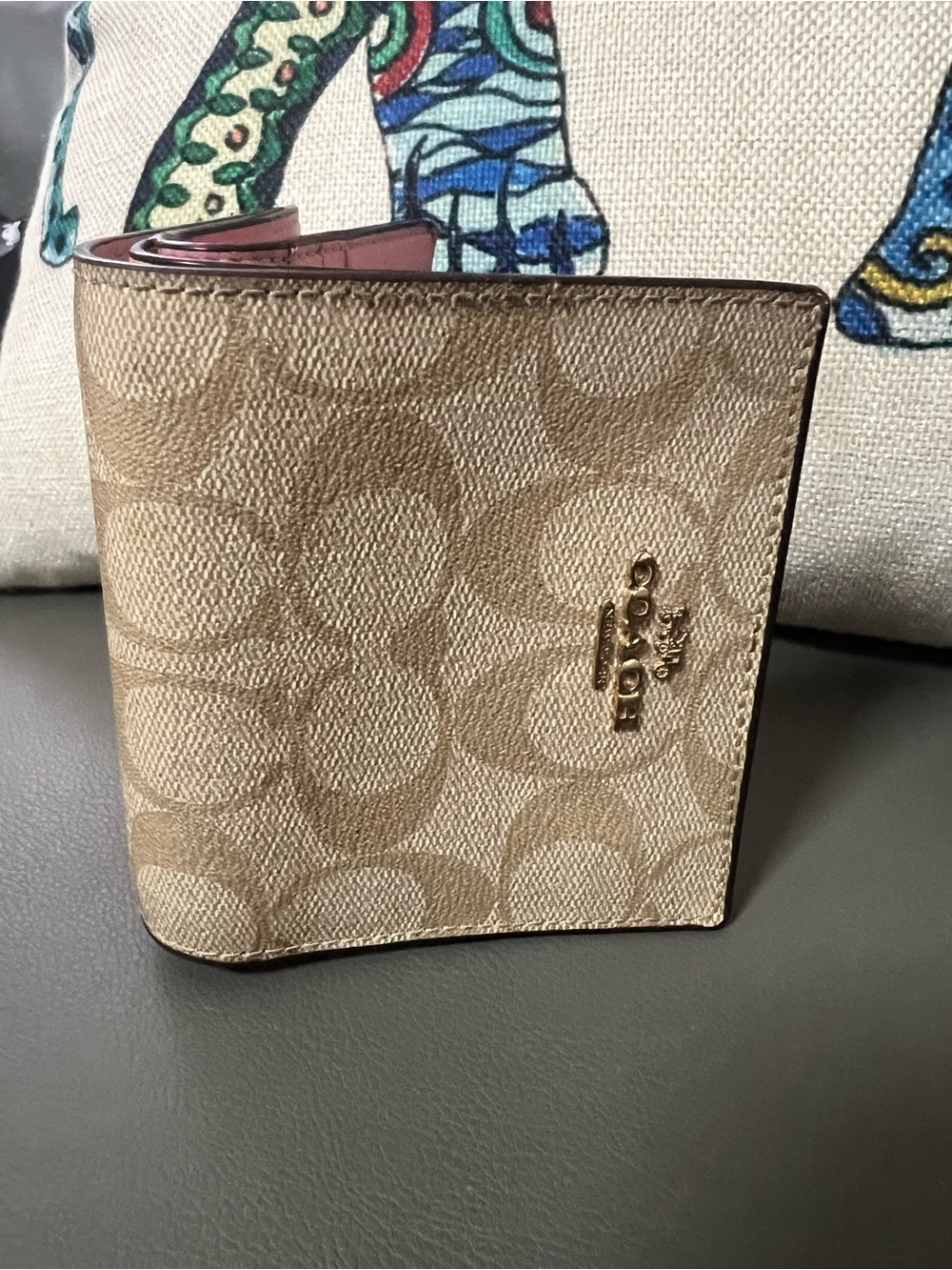 Coach Tan Signature Canvas Bifold Wallet with Pink Interior